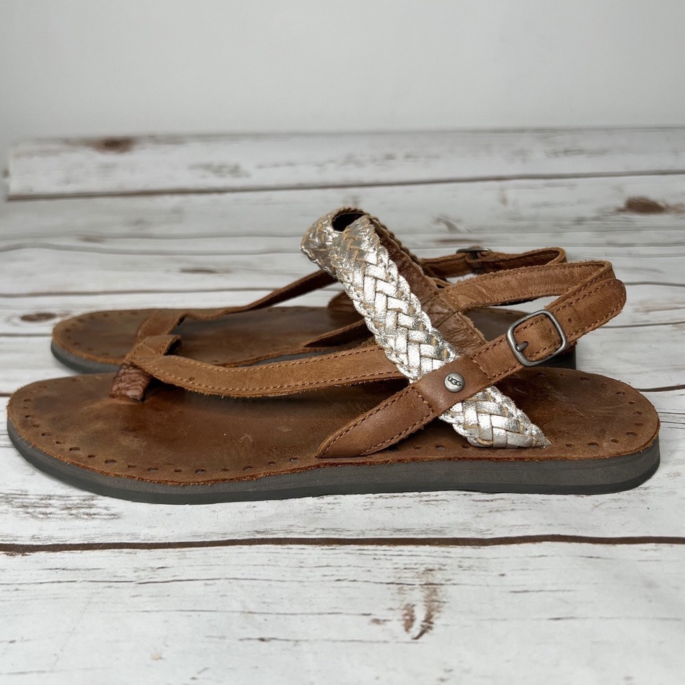UGG‎ Sandals Brown Silver Leather Braided Toe Loop Gladiator Size 7